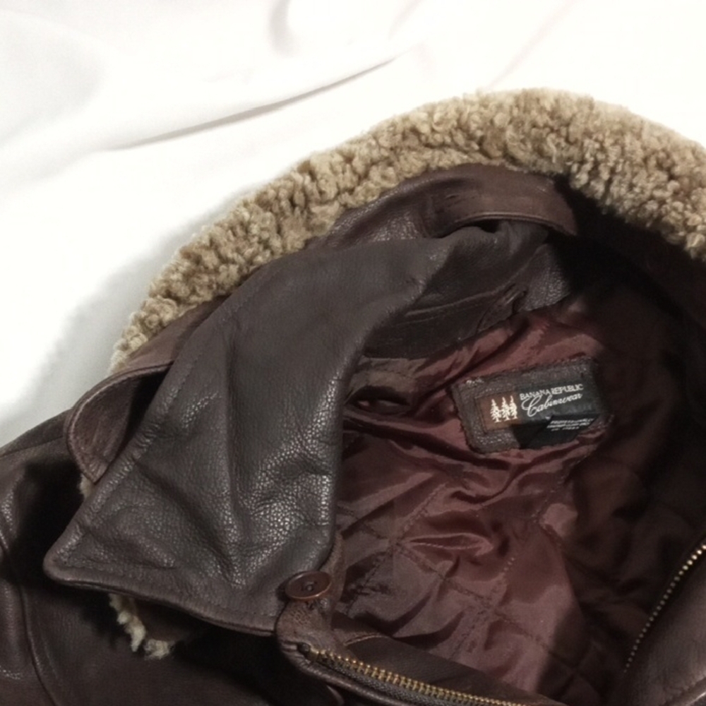 Banana Republic Brown Leather Rancher Zip Detachable Shearling Collar Jacket Med - Picture 13 of 15